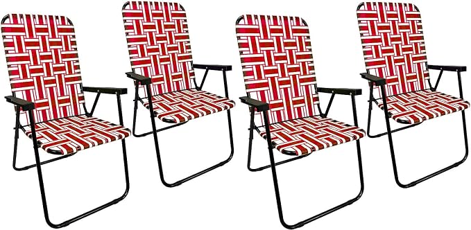 Lawn Chair Folding Steel Webbing Chaise Patio Lounger Seat Wood Handles Great for Camping, Beach, Fishing, Backyard, Stadium, Pool, Boating, Sports and Lawn 4 Pack Red
