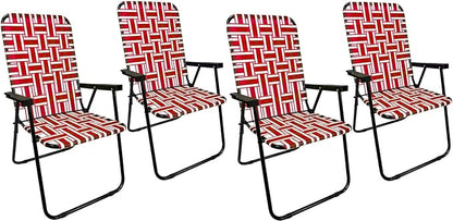 Lawn Chair Folding Steel Webbing Chaise Patio Lounger Seat Wood Handles Great for Camping, Beach, Fishing, Backyard, Stadium, Pool, Boating, Sports and Lawn 4 Pack Red