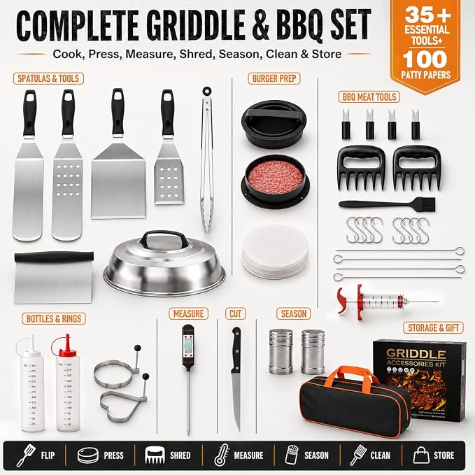 139 PCS Griddle Accessories Kit for Blackstone and Camp Chef, Flat Top Grill Tools Set with Enlarged Spatulas, Professional Burger Press Set with Patty Maker and Carry Bag for Outdoor BBQ