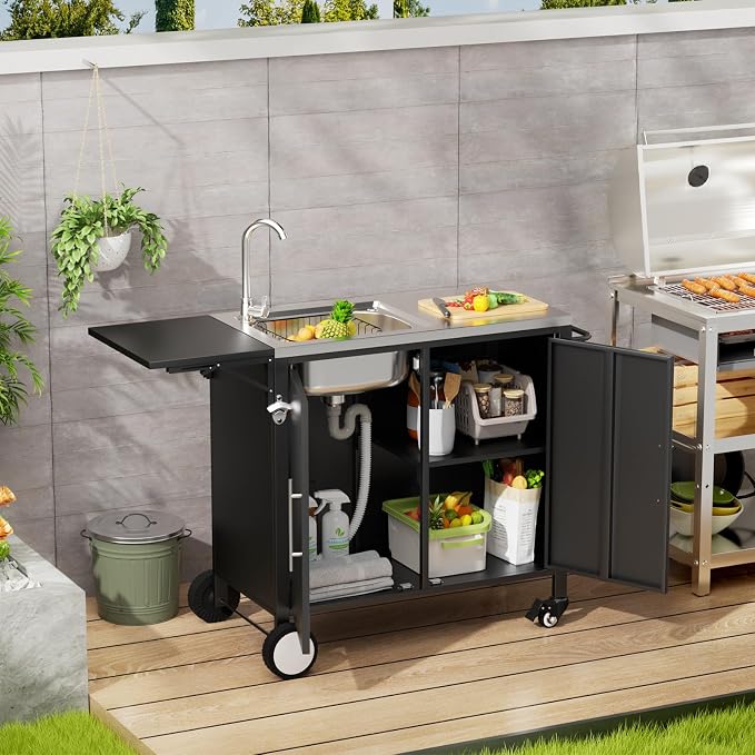 KEIKI Outdoor Grill Table with Sink & Foldable Worktop, 304 Stainless Steel BBQ Cart with Storage Cabinet & Wheels, Outdoor Kitchen Prep Station with Large Basin for Backyard, Garden, Patio
