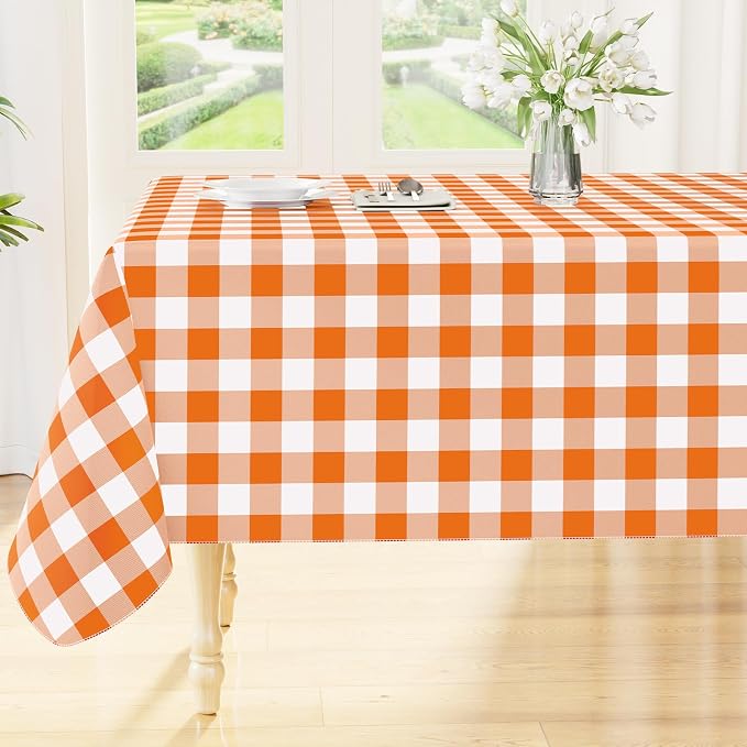 Smiry Picnic Table Cloth, Vinyl Tablecloths with Flannel Backing, 60"x144" | Waterproof Rectangle Table Cloth, Wipeable Buffalo Plaid Table Cover for Indoor and Outdoor (Orange & White)