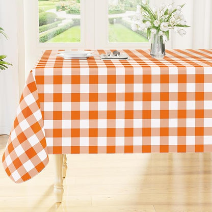 Smiry Picnic Table Cloth, Vinyl Tablecloths with Flannel Backing, 60"x144" | Waterproof Rectangle Table Cloth, Wipeable Buffalo Plaid Table Cover for Indoor and Outdoor (Orange & White)