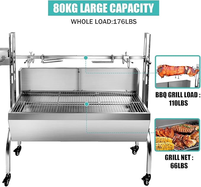 Rotisserie Grill Charcoal Spit Roaster, Stainless Steel 48.6" Pig Lamb Hooded Roaster Charcoal Spit With 25W Motor & Adjustable Height Lockable Casters For Party Barbecue,176 LBS With Baffle
