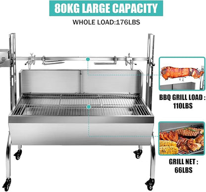 48.6" Electric Rotisserie Grill, Pig Lamb Spit Roaster Stand - 176 Lbs Capacity, Adjustable Height, BBQ Charcoal Rotisserie Grill Kit - Stainless Steel For Outdoor Party Camping