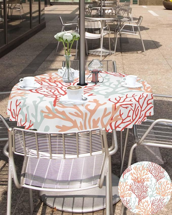Red Orange Grey Coral Coastal Outdoor Tablecloth - 54 Inch Round Waterproof Dining Table Cover, Summer Beach Seaside Nautical Outdoor Table Cloth with Umbrella Hole & Zipper for Patio