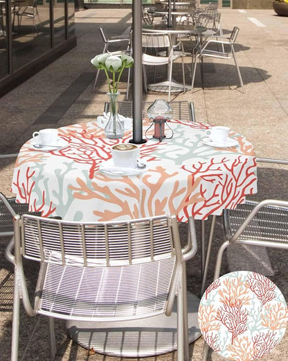 Red Orange Grey Coral Coastal Outdoor Tablecloth - 54 Inch Round Waterproof Dining Table Cover, Summer Beach Seaside Nautical Outdoor Table Cloth with Umbrella Hole & Zipper for Patio