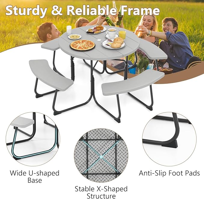 COSTWAY Round Picnic Table with Umbrella Hole, Outdoor Picnic Table with Bench Set for 4-8 People, HDPE Tabletop, Patio Dining Furniture Set for Family Gatherings, BBQ Party, Backyard (Grey)