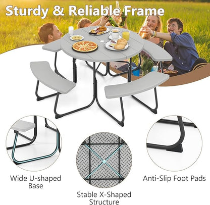 COSTWAY Round Picnic Table with Umbrella Hole, Outdoor Picnic Table with Bench Set for 4-8 People, HDPE Tabletop, Patio Dining Furniture Set for Family Gatherings, BBQ Party, Backyard (Grey)