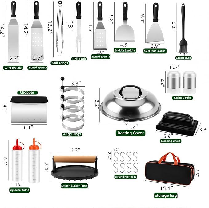 29PCS Griddle Accessories for Blackstone, Premium Stainless Steel Griddle Tool Set with Spatulas, Tongs, Smash Burger Press, Seasoning Bottles, Carry Bag for Camp Chef, Outdoor BBQ