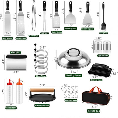 29PCS Griddle Accessories for Blackstone, Premium Stainless Steel Griddle Tool Set with Spatulas, Tongs, Smash Burger Press, Seasoning Bottles, Carry Bag for Camp Chef, Outdoor BBQ
