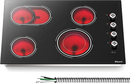 Electric Cooktop 30 Inch Knob Control, 6700W 240V Hard Wired | 4 Burner 30 Inches Glass Electric Stove Top Built-in, Dual & Expanded Ring, 9 Power Heating Levels, 220V No Plug