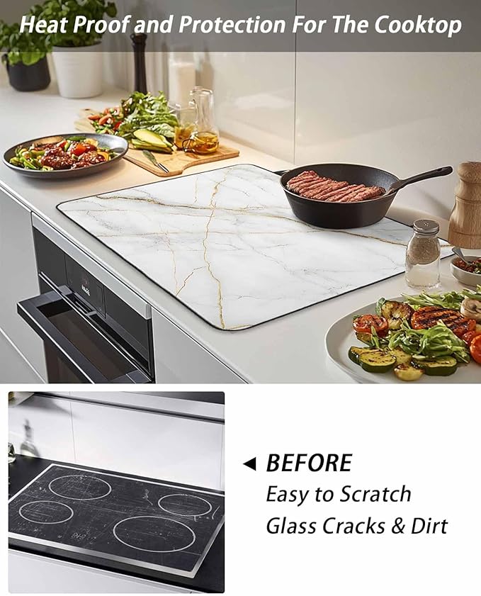 Stove Top Covers for Electric Stove 36x21 Inches, White Marble HeatResistant Glass Cooktop Protector, Nature Marble Crack Yellow-golden Lines Ceramic Stovetop Countertop Covers Mat, Modern Oven Cover