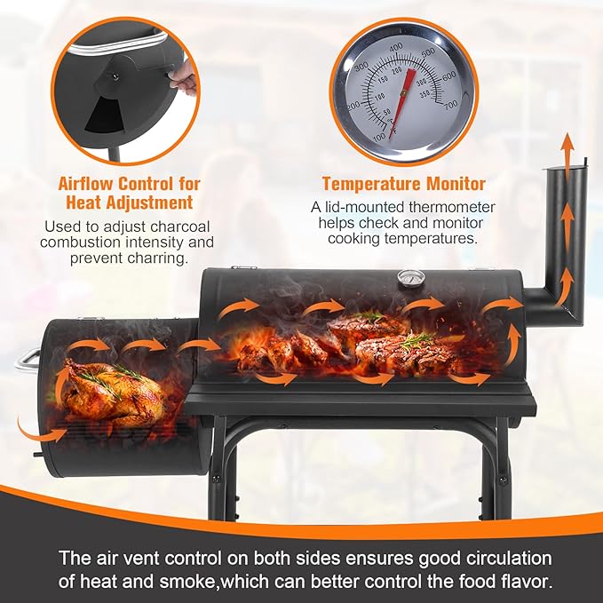 Generic Spacious Cooking Area BBQ Cooker 192 Sq. In. Cooking Space Spacious Barrel Charcoal BBQ Grill for Balcony Picnics Party & Camping