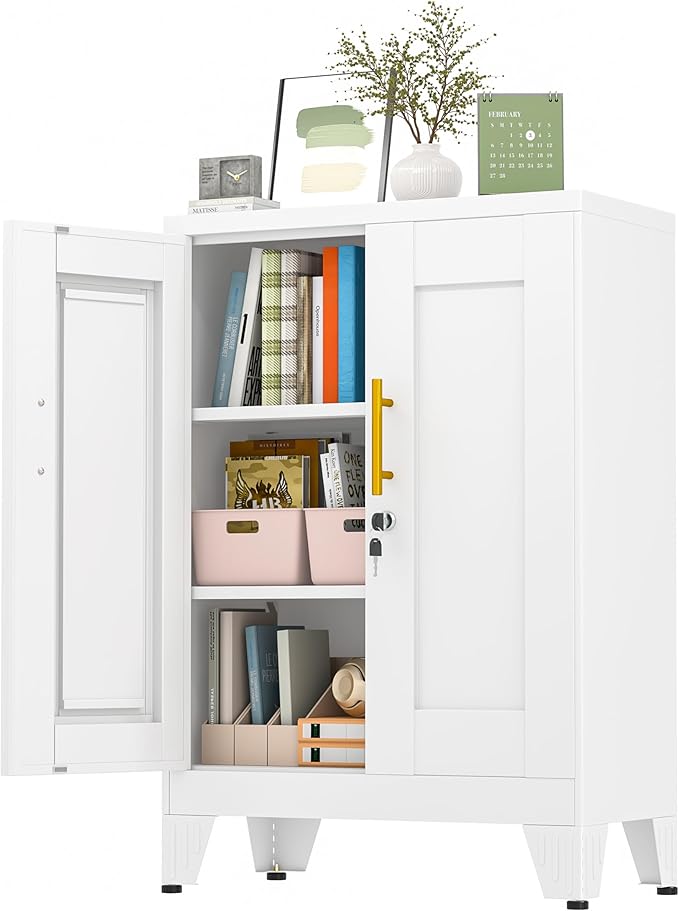 GAIOUS 36" White Floor Storage Cabinet, Locked Metal Storage Cabinets with 2 Doors and 2 Adjustable Shelves, Sideboard Buffet Cabient, Freestanding Cabinet for Home/Office/Garage/Tool Room/Bathroom