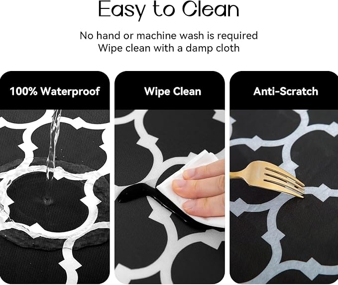 Romanstile Round Fitted Vinyl Tablecloth with Elastic Edge 100% Waterproof | Table Covers for 45"- 56" Tables, Wipeable Flannel Backed Plastic Table Cloths for Dinner Picnic Camping, BlackMoroccan