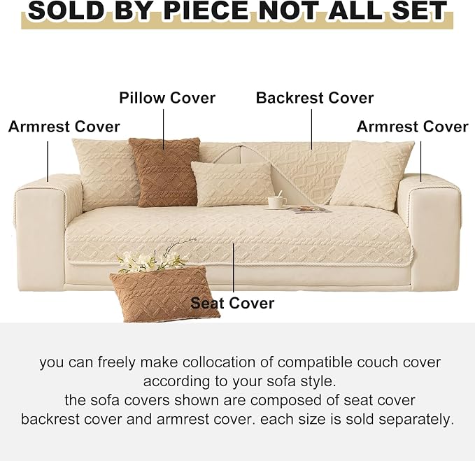 vctops Geometric Jacquard Plush Sofa Couch Covers Farmhouse Neutral Non Slip Sectional Couch Cover Soft Warm Sofa Slipcover for Dogs, Children, Pets Furniture Protector (Cream,36"x82")