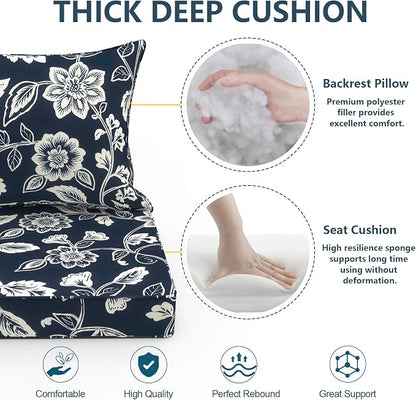 DYTXIII Outdoor Deep Seat Cushion Set, Water Repellent 22"x22" Patio Thick Cushions Replacement with Seat & Back Pillow for Patio Sofa, Wicker Chair, Couch - Vines Navy
