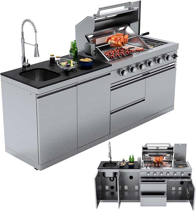 Outdoor Kitchen Island, BBQ Gas Grill, 6-Burner Propane Gas Grill with Rear & Side Burner, 75,300 BTU Stainless Steel Barbecue Grill with Sink & Granite Countertops for Patio Backyard (Silver-84.9")