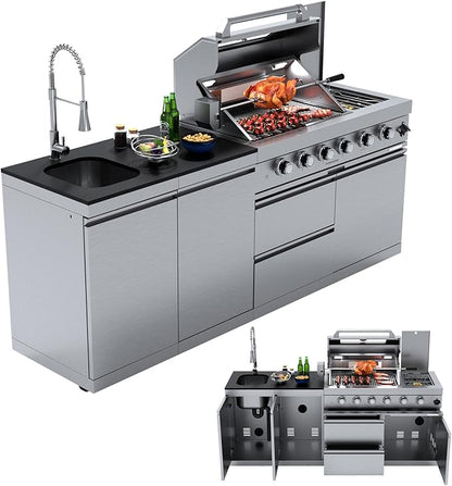 Outdoor Kitchen Island, BBQ Gas Grill, 6-Burner Propane Gas Grill with Rear & Side Burner, 75,300 BTU Stainless Steel Barbecue Grill with Sink & Granite Countertops for Patio Backyard (Silver-84.9")