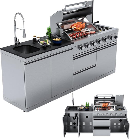 Outdoor Kitchen Island, BBQ Gas Grill, 6-Burner Propane Gas Grill with Rear & Side Burner, 75,300 BTU Stainless Steel Barbecue Grill with Sink & Granite Countertops for Patio Backyard (Silver-84.9")