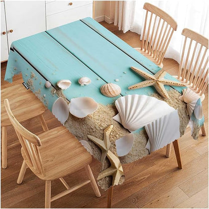 Swono Seashells Tablecloth Ocean Sand Starfish Seashells On Wooden Decorative Table Cover for Kitchen, Dinner Room, Party Banquet and Holiday Tablecloth, 52x70 Inch(4-6 Seats)