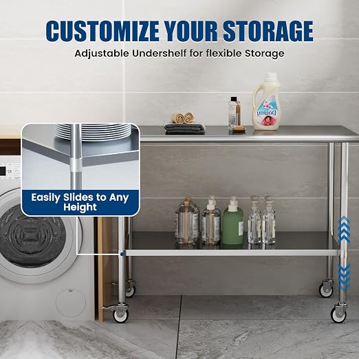 Stainless Steel Work Table with Wheels, 30x60 Inch NSF Kitchen Prep Table with Adjustable Undershelf for Commercial Restaurant, Garage, Outdoor BBQ
