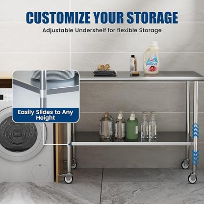 Stainless Steel Work Table with Wheels, 30x60 Inch NSF Kitchen Prep Table with Adjustable Undershelf for Commercial Restaurant, Garage, Outdoor BBQ