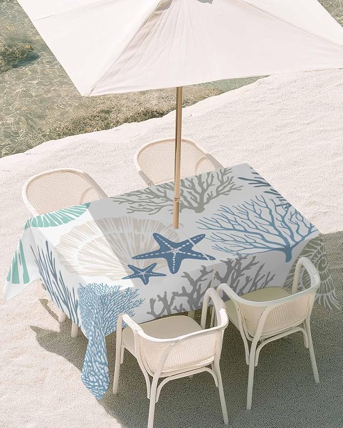 Coastal Outdoor Tablecloth - 60x84 Inch Rectangle Dining Table Cover, Blue Teal Coral Summer Beach Ocean Starfish Waterproof Outdoor Table Cloth with Umbrella Hole & Zipper for Picnic/Patio/Party