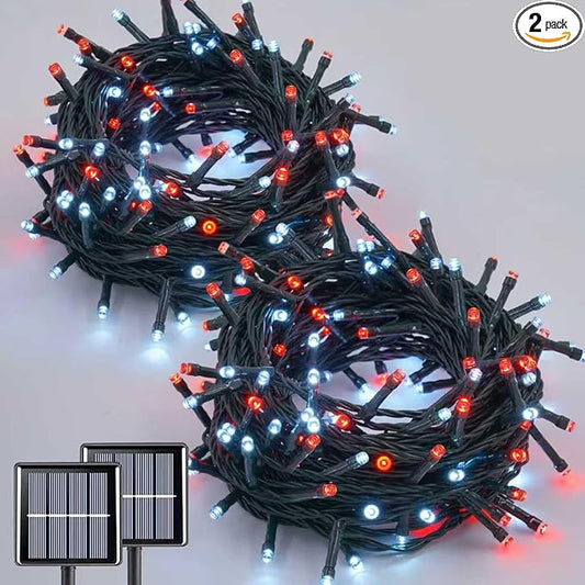 QITONG 2 Pack Red and White Solar String Lights, Each 66ft 200 LED Solar Christmas Lights Outdoor Waterproof, 8 Modes Solar Twinkle Light for Outside
