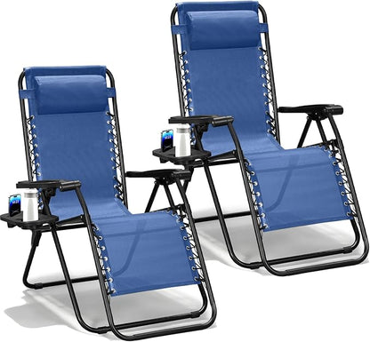 Zero Gravity Chairs Set of 2, Adjustable Lounge Chair Outdoor Recliner, Folding Reclining Lawn Chair, Anti Gravity Chair with Pillow & Cup Holder for Pool Camping Sunbathing Beach Patio