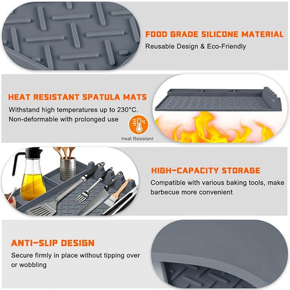 Silicone Griddle Tools Mat for Blackstone, Silicone Grill Mat with Drip Pad, Side Shelf Mats Grill Pad Spatula Mats for Outdoor Grill Kitchen Countertop, BBQ Accessories Gifts for Men (Gray)