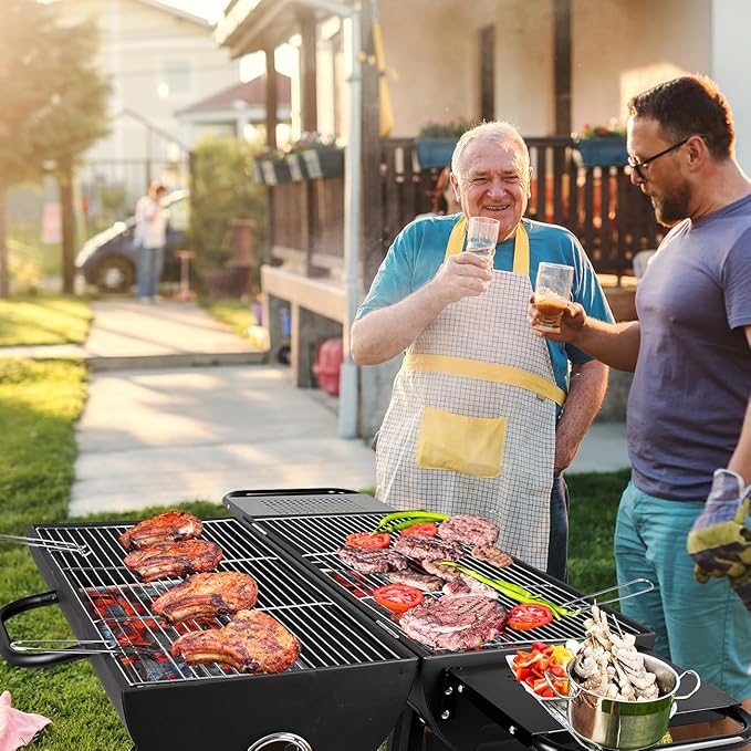 Double Charcoal Barrel Grill with Two Side Shelf, Stainless Steel Heavy Duty Grill For Outdoor Camping Backyard Picnic Party
