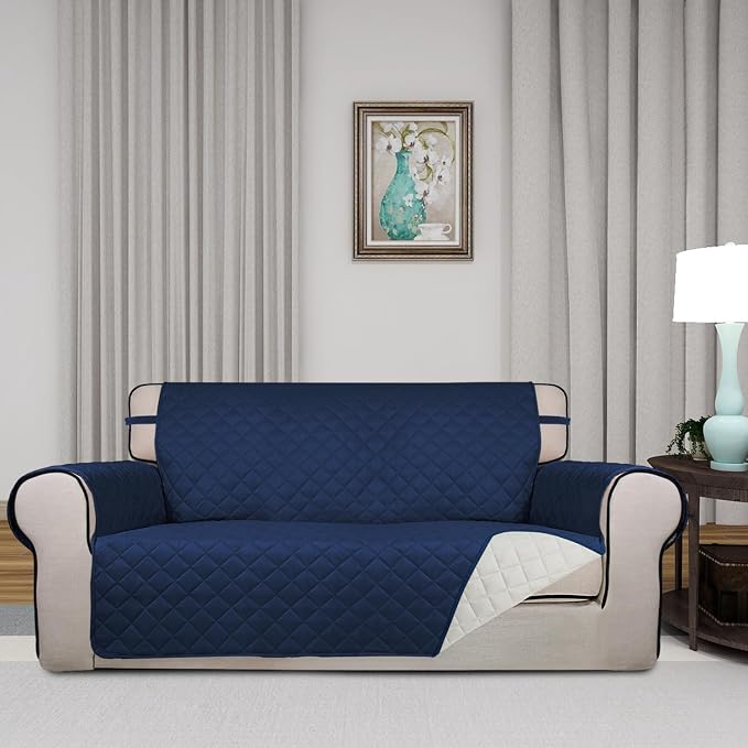 PureFit Reversible Quilted Couch Covers for Dogs Loveseat Sofa Cover 54" | Navy/Ivory, Water Resistant Couch Protector, Washable Pet Couch Cover with Non Slip and Elastic Straps For Kids