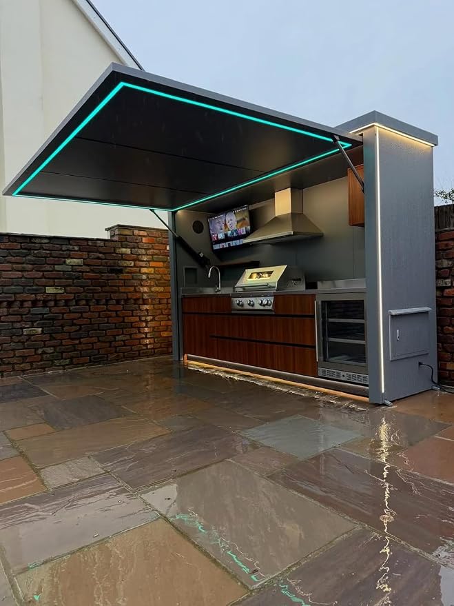 Outdoor Mobile Kitchen, Modern Modular Design with Retractable Roof Cover and Built-in Grill Station Backyard Outdoor Kitchen BBQ Grill