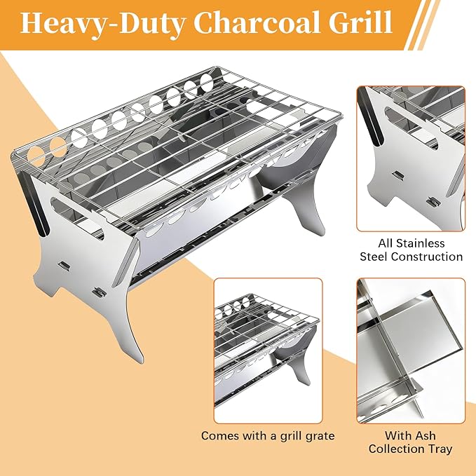 Stainless Steel Portable Charcoal Grill Heater Heating Stove with Ash Tray - Compact BBQ Grill for In and Outdoor Camping, Backyard, Picnic, Easy to Assemble & Clean