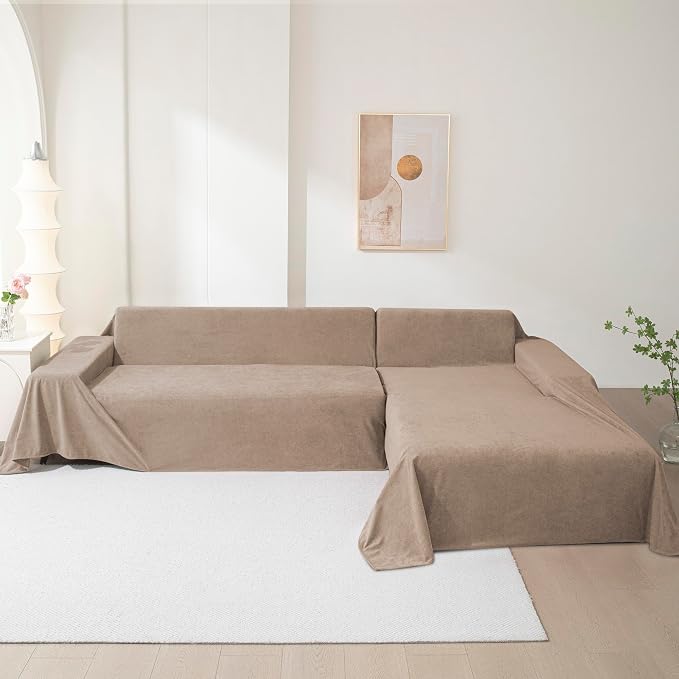 MEETSKY Sectional Couch Cover Washable,Oversized Sofa Cover for 3 Cushion Couch Sofa,Cat Scratch Proof Furniture Protector Covers Soft L Shape Sofa Covers for Dogs,91" x 150", Khaki
