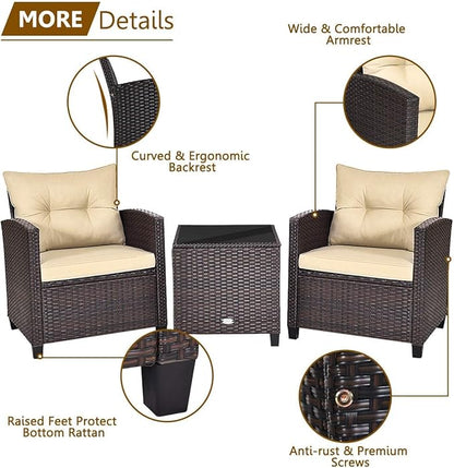 HAPPYGRILL 3 Pieces Patio Conversation Set, Outdoor Furniture Set PE Rattan Sofa Set with Removable Cushions, PE Wicker Chairs with Tempered Glass Side Table for Porch Lawn Garden Balcony Backyard