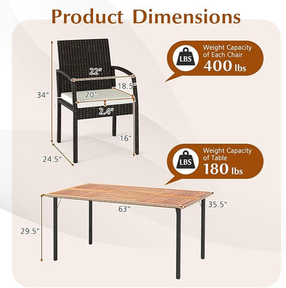 HAPPYGRILL 7-Piece Patio Dining Set Outdoor Rattan Wicker Furniture Set with Umbrella Hole, Steel Frame, Acacia Wood Tabletop & Removable Cushions, for Backyard, Porch, Garden