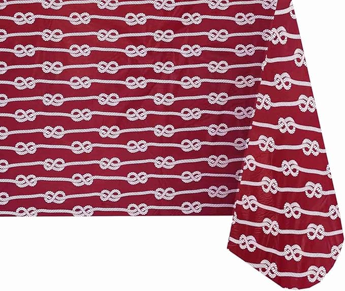 Newbridge Rectangle Vinyl Tablecloth with Flannel Backing, Red Nautical Rope Stripe, 60 x 84 Inch, Coastal Striped Indoor Outdoor Wipe Clean Picnic, BBQ and Dining Table Cover