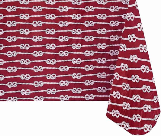 Newbridge Square Vinyl Tablecloth with Flannel Backing, Red Nautical Rope Stripe, 52 x 52 Inch, Coastal Striped Indoor Outdoor Wipe Clean Picnic, BBQ and Dining Table Cover