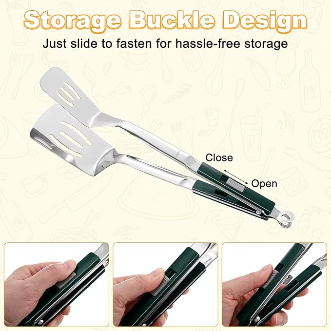 M METERXITY Spatula Tongs, 13.4 Inch 304 Stainless Steel Anti-Scald Extended Multifunctional Flipper Grill Clamp for Cooking/Barbecue, Kitchen Cooking Tongs [Green Handle, Silver Tone]