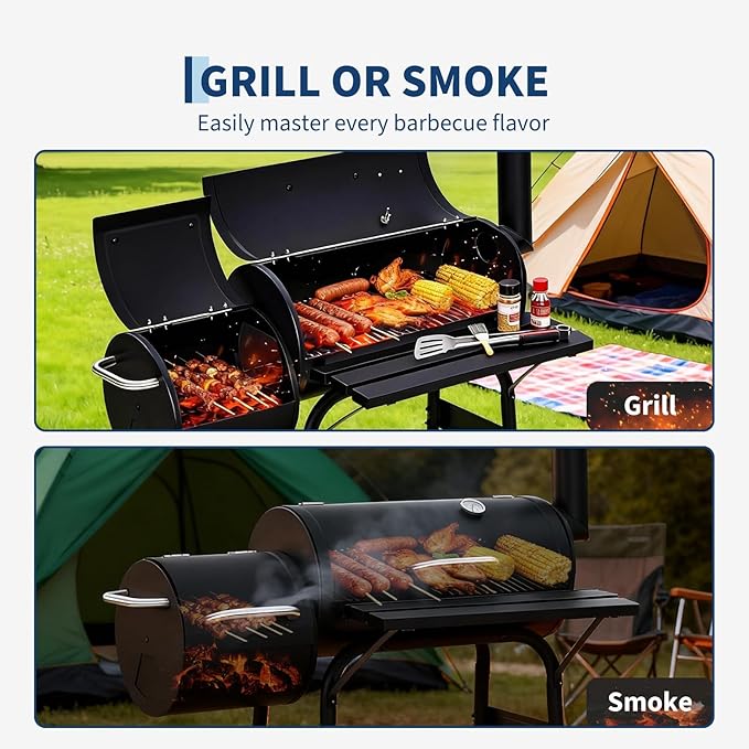 PeakPursuit Barrel Charcoal Grill with Offset Smoker, Portable Outdoor Barbecue Grills with Wheels, BBQ Grill and Smokers Combo for Backyard Patio Party Camping