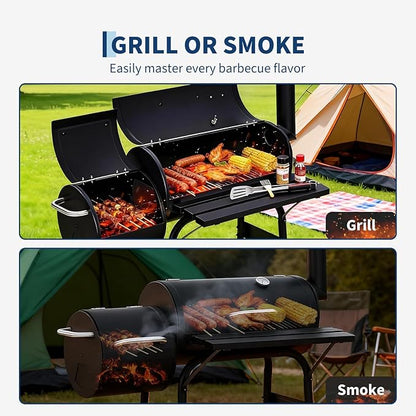 PeakPursuit Barrel Charcoal Grill with Offset Smoker, Portable Outdoor Barbecue Grills with Wheels, BBQ Grill and Smokers Combo for Backyard Patio Party Camping