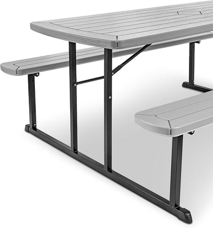 OEF Furnishings Heavy Duty Blow Molded Folding Picnic Table- Light Speckled Grey, Black Frame