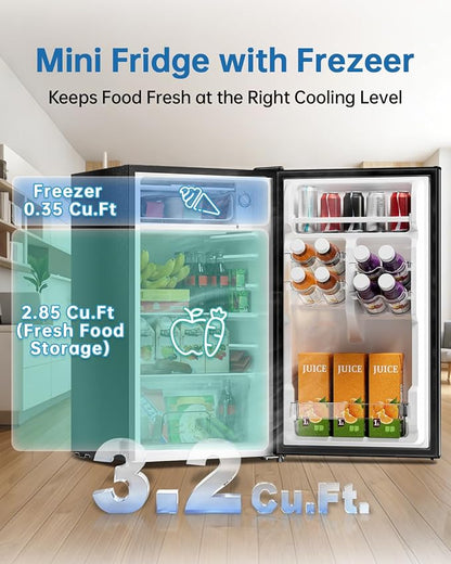 3.2 Cu Ft Mini Fridge with Freezer - Energy Efficient, Large Capacity Single Door Upright Freezer for Bedroom, Office & Dorm | Small Fridge, Reversible Door, ETL Certified(Black)