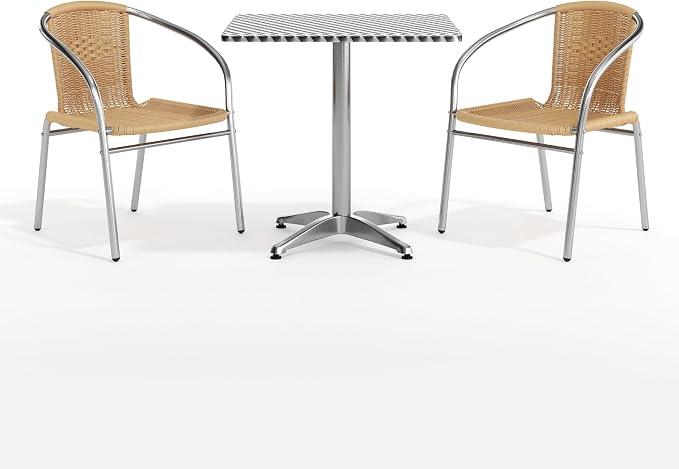 Flash Furniture 27.5'' Square Aluminum Indoor-Outdoor Table Set with 2 Beige Rattan Chairs | Indoor/Outdoor Use, Beige Rattan Chairs
