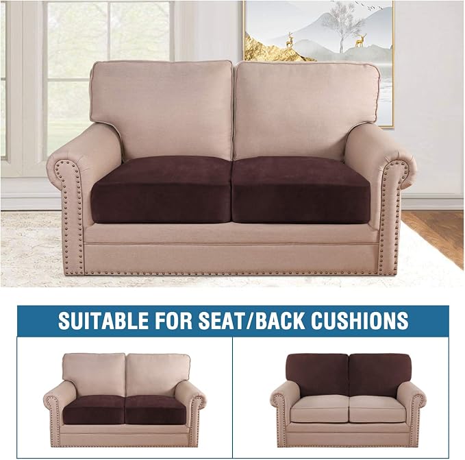 H.VERSAILTEX Velvet Stretch Couch Cushion Cover Plush Cushion Slipcover for Chair Loveseat Sofa Cushion Furniture Protector Seat Cushion Sofa Cover (2 Piece Medium Sofa Cushion Covers, Brown)