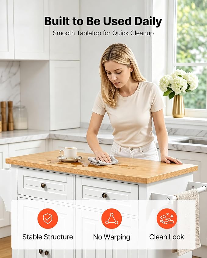 VEVOR Kitchen Island Cart with Storage, 43.7 in Wide Mobile Rolling Storage Island on Swivel Wheels, with 2 Drawers, Storage Cabinet, Spice/Towel Rack, Hooks, Table for Home Dining Room, White | Home Dining Use, Spice Towel Rack With Hooks, Cabinet She...