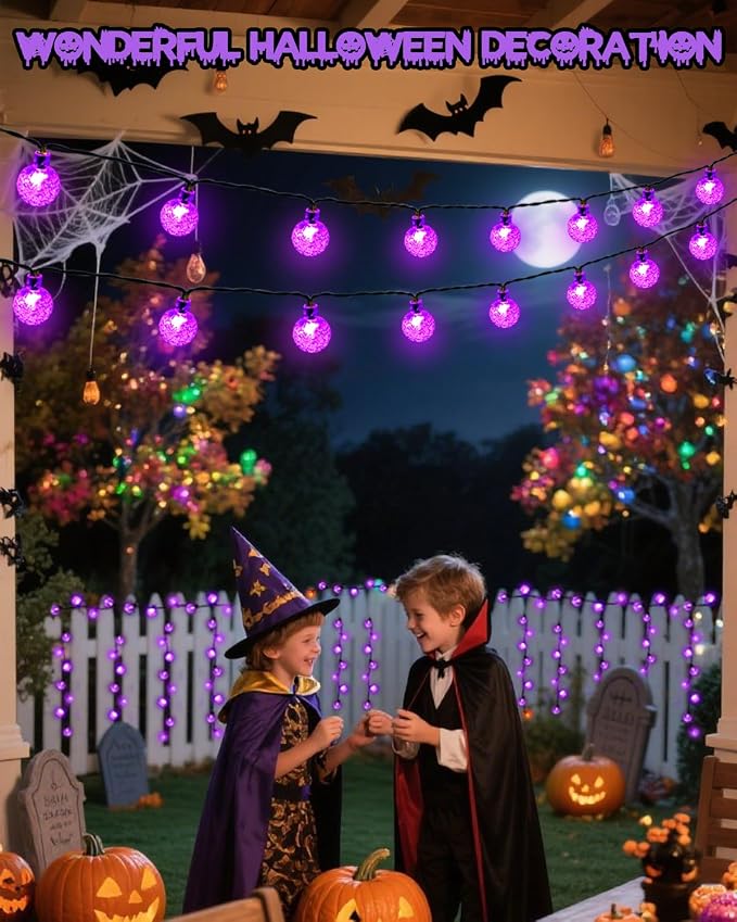 LORRYTE 2 Pack 64FT 100 LED Crystal Globe Solar Halloween Lights, Purple | Halloween String Lights Outdoor Waterproof, 8 Modes, Solar Powered Halloween Decorations for Outside Garden Patio Party Yard