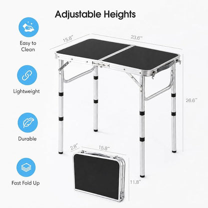 YUFIFAIRY Small Folding Table Portable, 24''L x16''W Foldable Camp Table | Lightweight Aluminum Frame, 3 Adjustable Height 10"/19"/27.5", For Indoor, Outdoor, Cooking, Picnic, Black Table